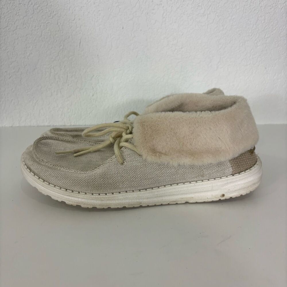 Hey‎ Dude Women's White / Brown Herringbone Fur Top Sneaker Boots Size 10